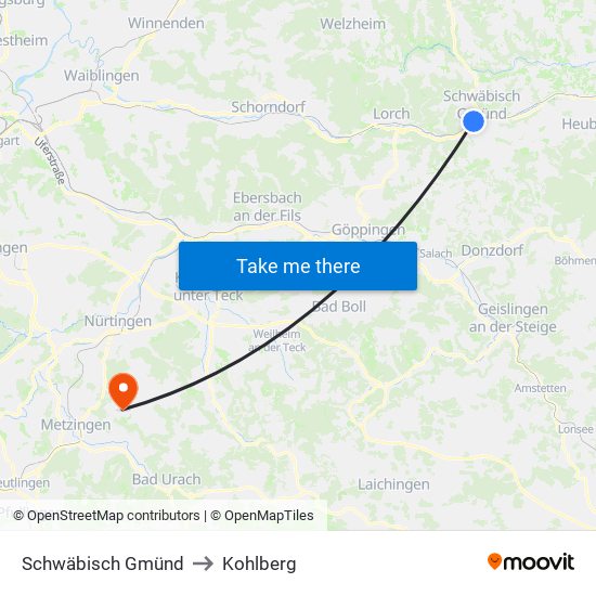 Schwäbisch Gmünd to Kohlberg map