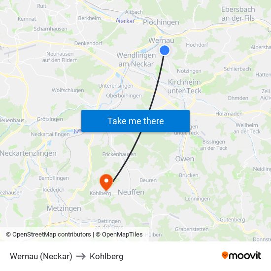 Wernau (Neckar) to Kohlberg map