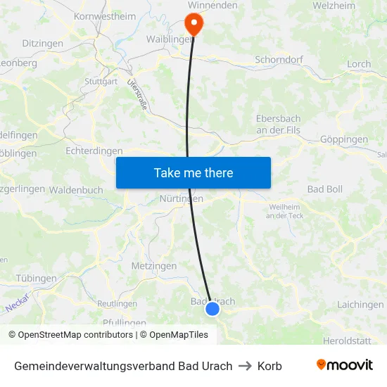 Gemeindeverwaltungsverband Bad Urach to Korb map