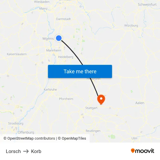Lorsch to Korb map