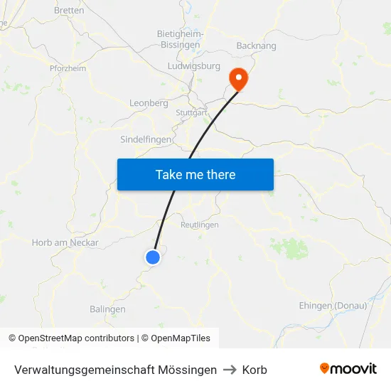 Verwaltungsgemeinschaft Mössingen to Korb map