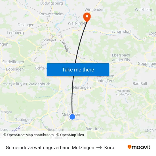 Gemeindeverwaltungsverband Metzingen to Korb map