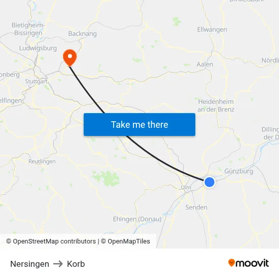 Nersingen to Korb map
