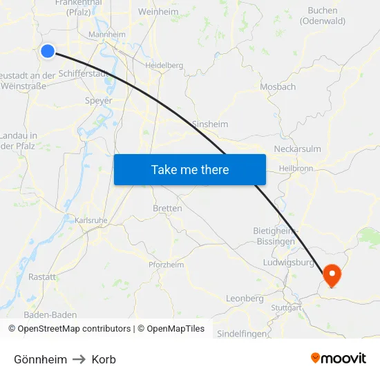 Gönnheim to Korb map