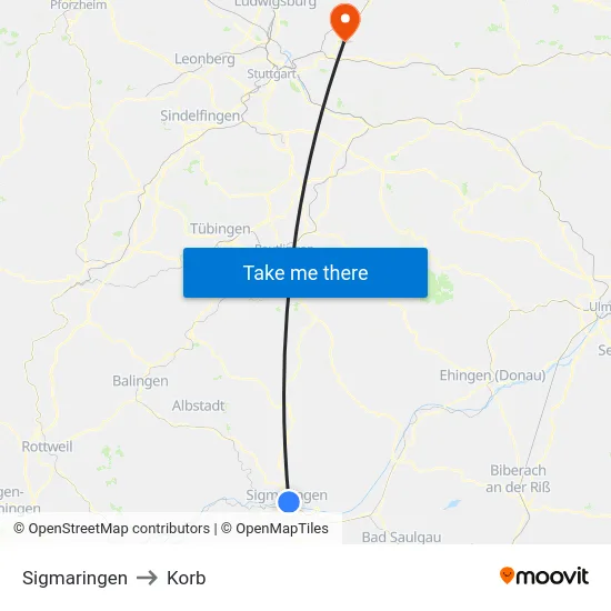 Sigmaringen to Korb map