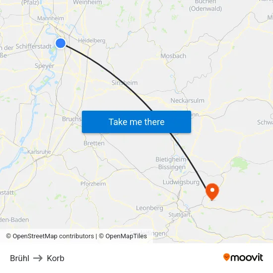 Brühl to Korb map