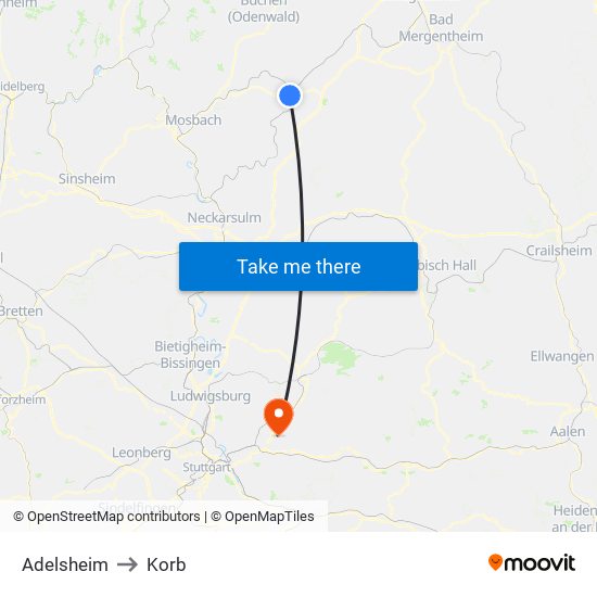 Adelsheim to Korb map