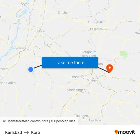 Karlsbad to Korb map