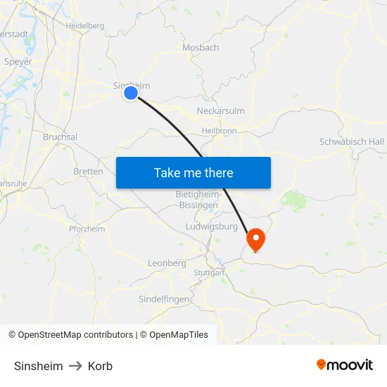 Sinsheim to Korb map