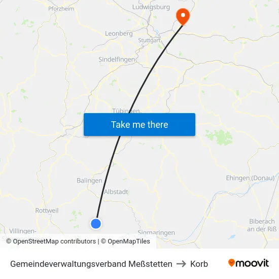 Gemeindeverwaltungsverband Meßstetten to Korb map