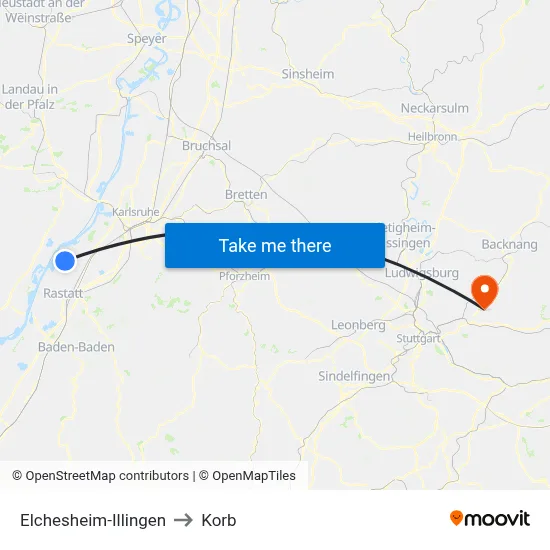 Elchesheim-Illingen to Korb map