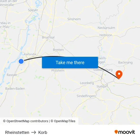 Rheinstetten to Korb map