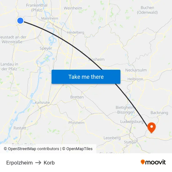 Erpolzheim to Korb map