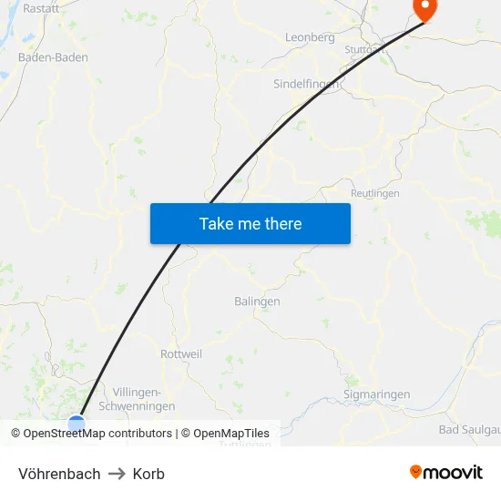 Vöhrenbach to Korb map