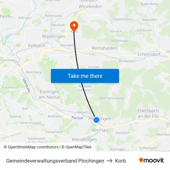 Gemeindeverwaltungsverband Plochingen to Korb map