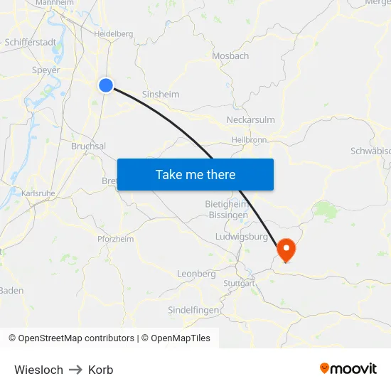 Wiesloch to Korb map