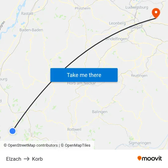 Elzach to Korb map
