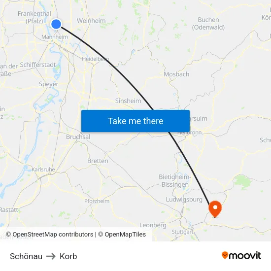 Schönau to Korb map