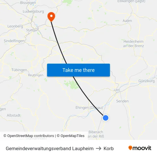 Gemeindeverwaltungsverband Laupheim to Korb map