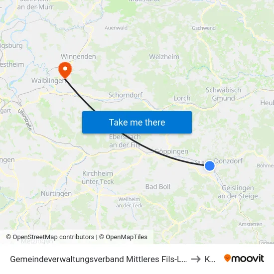 Gemeindeverwaltungsverband Mittleres Fils-Lautertal to Korb map
