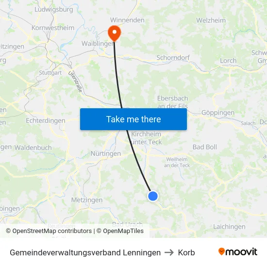 Gemeindeverwaltungsverband Lenningen to Korb map