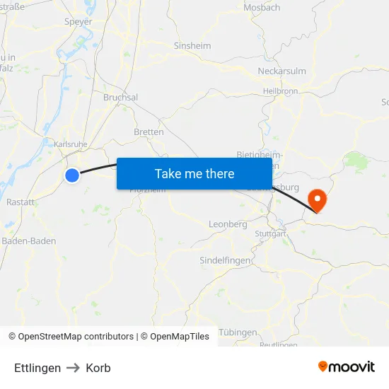 Ettlingen to Korb map