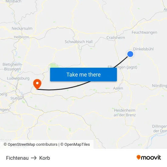 Fichtenau to Korb map