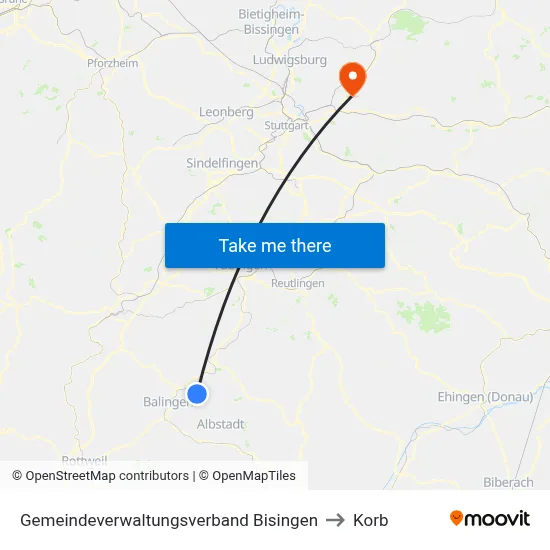 Gemeindeverwaltungsverband Bisingen to Korb map