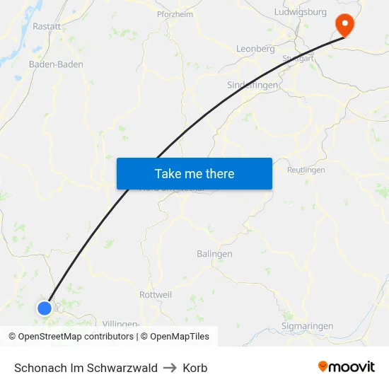 Schonach Im Schwarzwald to Korb map