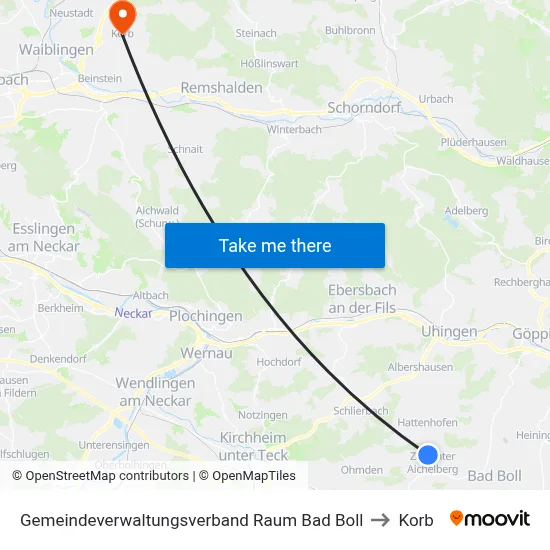 Gemeindeverwaltungsverband Raum Bad Boll to Korb map