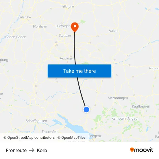 Fronreute to Korb map