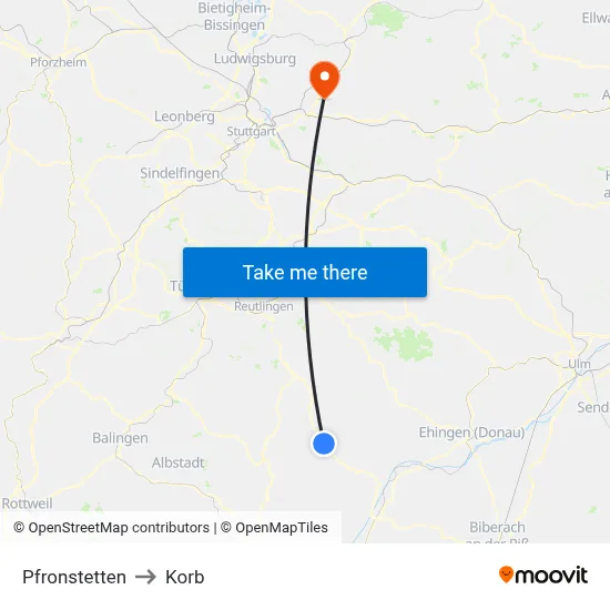 Pfronstetten to Korb map