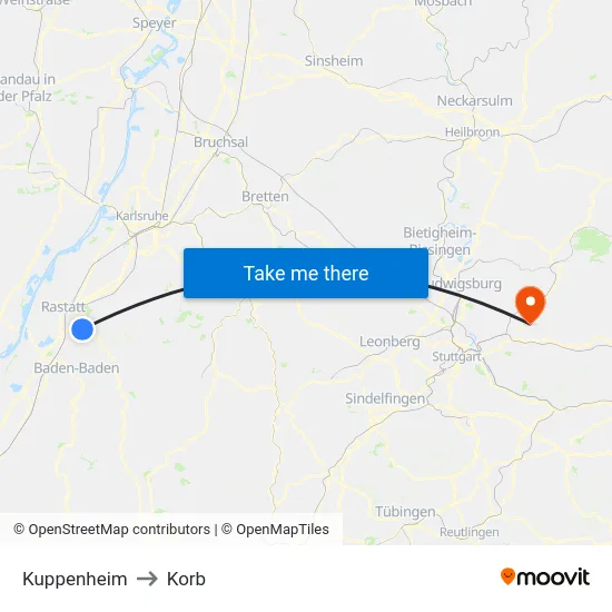Kuppenheim to Korb map
