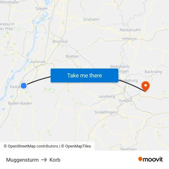 Muggensturm to Korb map