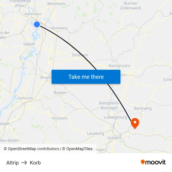 Altrip to Korb map