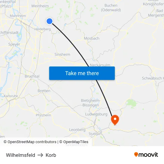 Wilhelmsfeld to Korb map