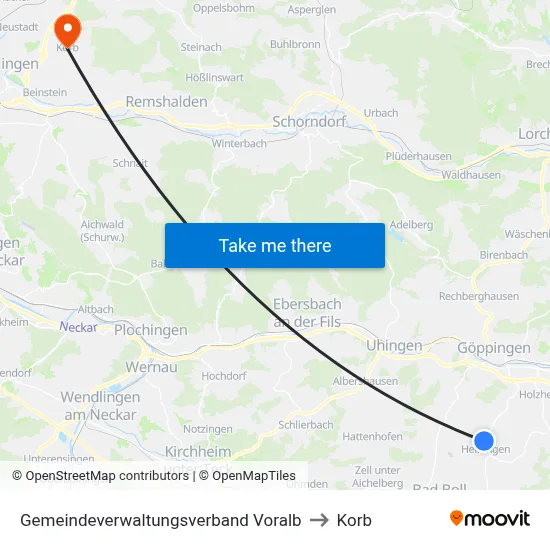 Gemeindeverwaltungsverband Voralb to Korb map