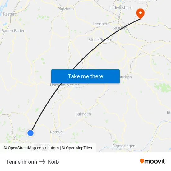 Tennenbronn to Korb map