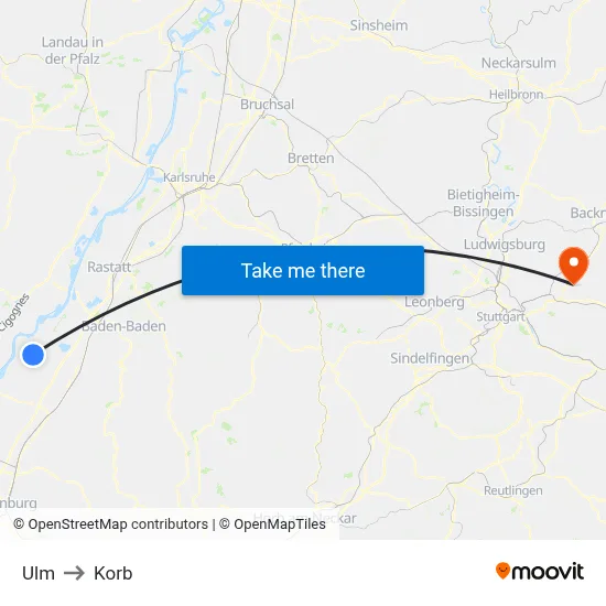 Ulm to Korb map