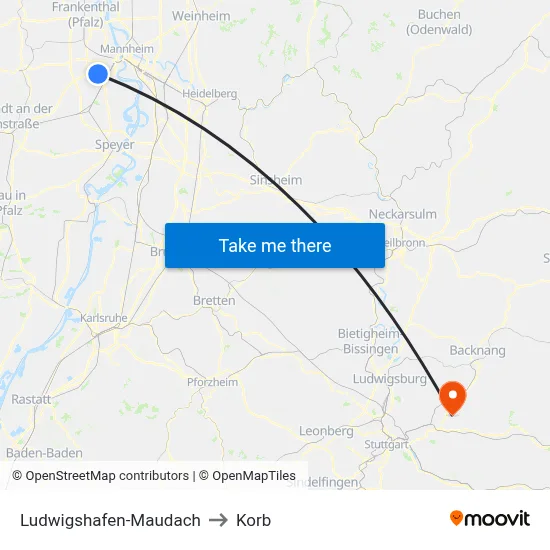 Ludwigshafen-Maudach to Korb map