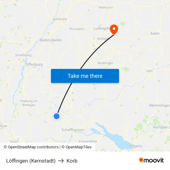 Löffingen (Kernstadt) to Korb map