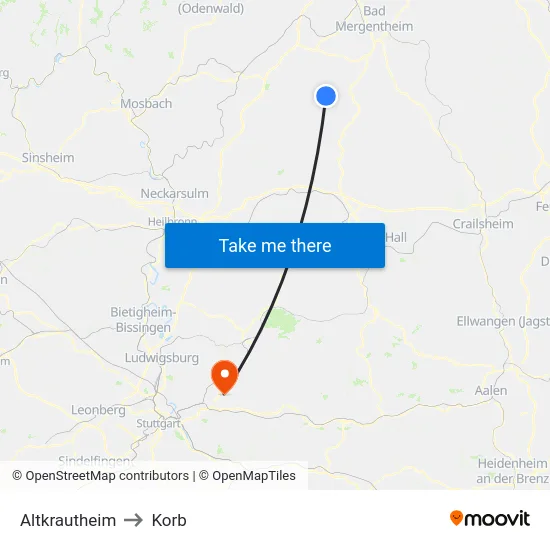 Altkrautheim to Korb map