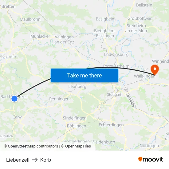 Liebenzell to Korb map