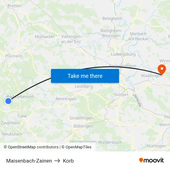 Maisenbach-Zainen to Korb map