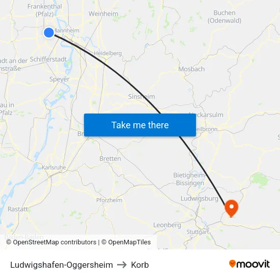 Ludwigshafen-Oggersheim to Korb map