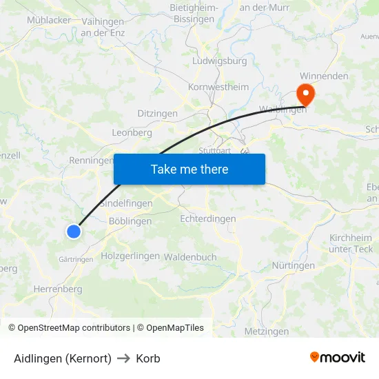 Aidlingen (Kernort) to Korb map