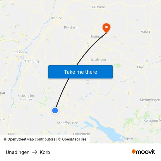 Unadingen to Korb map
