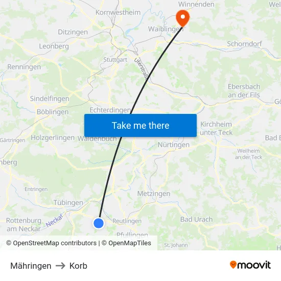 Mähringen to Korb map