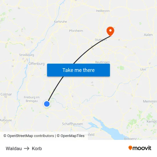 Waldau to Korb map