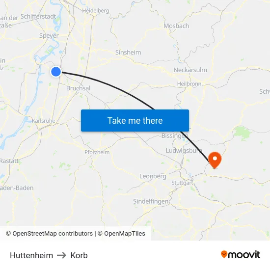 Huttenheim to Korb map